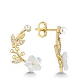 Lucky Life 925 Ayar Gumuss  Gold Sedef Çiçek Çivili Kadın Küpe