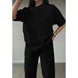 Unisex Düz T-Shirt Ve Eşofman Takımı - Siyah