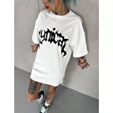  Lucky Life Unisex Bisiklet Yaka Baskılı Oversize T-Shirt - Beyaz