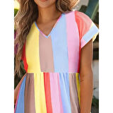 Lucky Life Kısa Kollu V Yakalı şerit Desenli Süprem Elbise