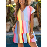 Lucky Life Kısa Kollu V Yakalı şerit Desenli Süprem Elbise