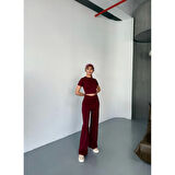 Osy Modal Yumuşak Dokulu Kumaş Kısa Kollu Lucky Life Kadın Crop Rahat Pantalon Ikili Takım - Bordo