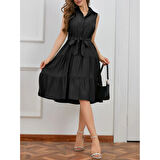 Lucky Life Kadın Kısa Kollu Gömlek Yaka Düğmeli Beli Kuşaklı Katlı Dokuma Midi Elbise