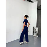 Osy Modal Yumuşak Dokulu Kumaş Kısa Kollu Lucky Life Kadın Crop Alt Ispanyol Paça Pantalon Ikili Takım - Lacivert
