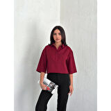 Crop Lucky Life Kadın Yakalı Gömlek Üç Çeyrek Sleeve Kol - Bordo