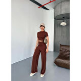 Osy Modal Yumuşak Dokulu Kumaş Kısa Kollu Lucky Life Kadın Crop Rahat Pantalon Ikili Takım - Kahverengi