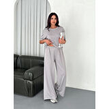 Lucky Life Lucky Life Kadın Yumuşak Dokulu Kumaş Bisiklet Yaka T-shirt  Bol Paça Pantalon Ikili Takım - Boyalı Gri