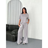 Lucky Life Lucky Life Kadın Yumuşak Dokulu Kumaş Bisiklet Yaka T-shirt  Bol Paça Pantalon Ikili Takım - Boyalı Gri