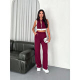 Lucky Life Lucky Life Kadın Yumuşak Dokulu Kumaş Tam Fermuarlı Crop Pantalon İkili Takım - Bordo