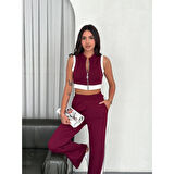 Lucky Life Lucky Life Kadın Yumuşak Dokulu Kumaş Tam Fermuarlı Crop Pantalon İkili Takım - Bordo