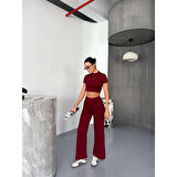 Osy Modal Yumuşak Dokulu Kumaş Kısa Kollu Lucky Life Kadın Crop Alt Ispanyol Paça Pantalon Ikili Takım - Bordo