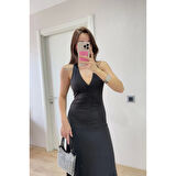 Lucky Life Kadın Sırt Dekolteli Uzun Kollu Elbise - Siyah