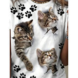 Lucky Life Kadın Kısa Kollu Kedi Ve Pati Baskılı Süprem T-shirt