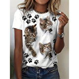 Lucky Life Kadın Kısa Kollu Kedi Ve Pati Baskılı Süprem T-shirt