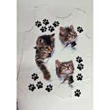 Lucky Life Kadın Kısa Kollu Kedi Ve Pati Baskılı Süprem T-shirt