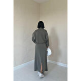 Lucky Life Kadın Haki Biyeli Sweatshirt Ve Etek Takım