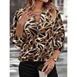 Kadın Uzun Kollu Yuvarlak Yaka Fermuarlı Desenli şardonlu Bluz
