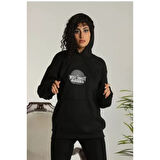 Lucky Life Unisex Sırt Baskılı Kapüşonlu Üç İplik Oversize Sweatshirt - Siyah