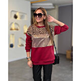Lucky Life Kadın üç Iplik şardonlu Kumaş Leopar Desenli Bluz