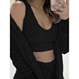 Lucky Life Kadın Uzun Kollu Ceket, Askılı Peluş Bluz Ve şort üçlü Takım