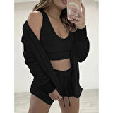 Lucky Life Kadın Uzun Kollu Ceket, Askılı Peluş Bluz Ve şort üçlü Takım