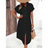 Lucky Life Kadın Kısa Kollu Yakalı Düğme Detay Midi Dokuma Elbise