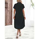 Lucky Life Kadın Kısa Kollu Yakalı Düğme Detay Midi Dokuma Elbise