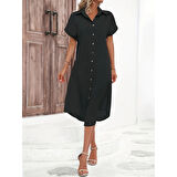 Lucky Life Kadın Kısa Kollu Yakalı Düğme Detay Midi Dokuma Elbise