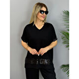 Lucky Life Kadın Kısa Kollu V Yakalı Pul Payetli Viskon Iki Iplik Bluz Ve Pantolon Ikili Takım