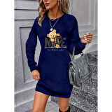 Kadın Uzun Kollu Bisiklet Yaka Ayı Desenli Viskon Iki Iplik Elbise