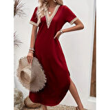 Lucky Life Kadın Kısa Kollu Dantel V Yakalı Uzun Viskon Elbise