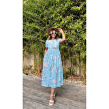 Lucky Life Kadın Kısa Kollu çiçek Baskı Midi Boy Süprem Elbise