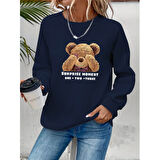 Lucky Life Kadın Uzun Kollu Bisiklet Yaka Ayıcık Desenli Viskon Iki Iplik Bluz