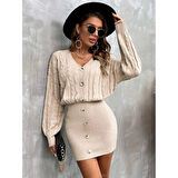 Lucky Life Kadın Uzun Kollu V Yakalı önden Düğmeli Kısa Triko Elbise