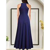 Lucky Life Kadın   Halter Yaka Derin Yırtmaç Detaylı Tam Boy Ithal Krep Abiye Elbise