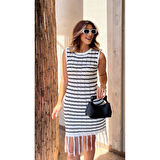 Lucky Life Kadın Kolsuz V Yaka Eteği Püsküllü çizgi Desen Triko Elbise