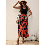 Lucky Life Kadın Askılı Yuvarlak Yaka üst Viskon Alt Desenli Uzun Süprem Elbise