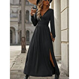 Lucky Life Kadın Uzun Kollu V Dantel Yakalı Yırtmaçlı Uzun Sandy Elbise