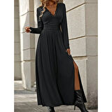 Lucky Life Kadın Uzun Kollu V Dantel Yakalı Yırtmaçlı Uzun Sandy Elbise