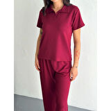 Lucky Life Kadın Yumuşak Dokulu Kumaş Kısa Kollu Lucky Life Kadın Yakalı T-shirt Pantalon Ikili Takım- Bordo