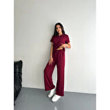 Lucky Life Kadın Yumuşak Dokulu Kumaş Kısa Kollu Lucky Life Kadın Yakalı T-shirt Pantalon Ikili Takım- Bordo