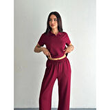 Lucky Life Kadın Yumuşak Dokulu Kumaş Kısa Kollu Lucky Life Kadın Yakalı T-shirt Pantalon Ikili Takım- Bordo