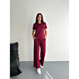 Lucky Life Kadın Yumuşak Dokulu Kumaş Kısa Kollu Lucky Life Kadın Yakalı T-shirt Pantalon Ikili Takım- Bordo