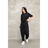 Lucky Life Kadın Modal Yumuşak Dokulu Kumaş Oversize Bisiklet Yaka T-shirt Jogger Eşofman Altı Eşofman Takımı - Siyah