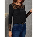 Lucky Life Kadın Uzun Kollu Bisiklet Yaka Dantel Detaylı Burgu Bluz