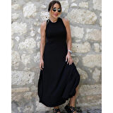 Lucky Life Kadın Arkadan çapraz Detay Yuvarlak Yaka Maksi Viskon Elbise