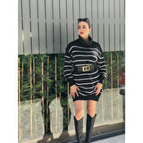 Lucky Life Kadın Uzun Kollu Degaje Yaka çizgili Sonya Iplik Mini Boy Triko Elbise (kemersiz)