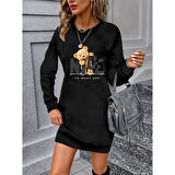 Lucky Life Kadın Uzun Kollu Bisiklet Yaka Ayı Desenli Viskon Iki Iplik Elbise