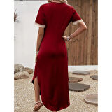 Lucky Life Kadın Kısa Kollu Dantel V Yakalı Uzun Viskon Elbise