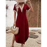 Lucky Life Kadın Kısa Kollu Dantel V Yakalı Uzun Viskon Elbise